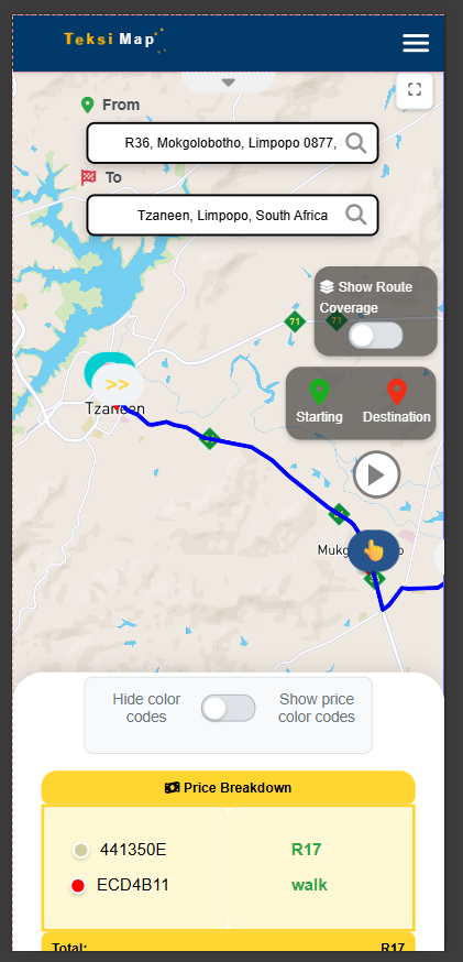 TeksiMap mobile app view